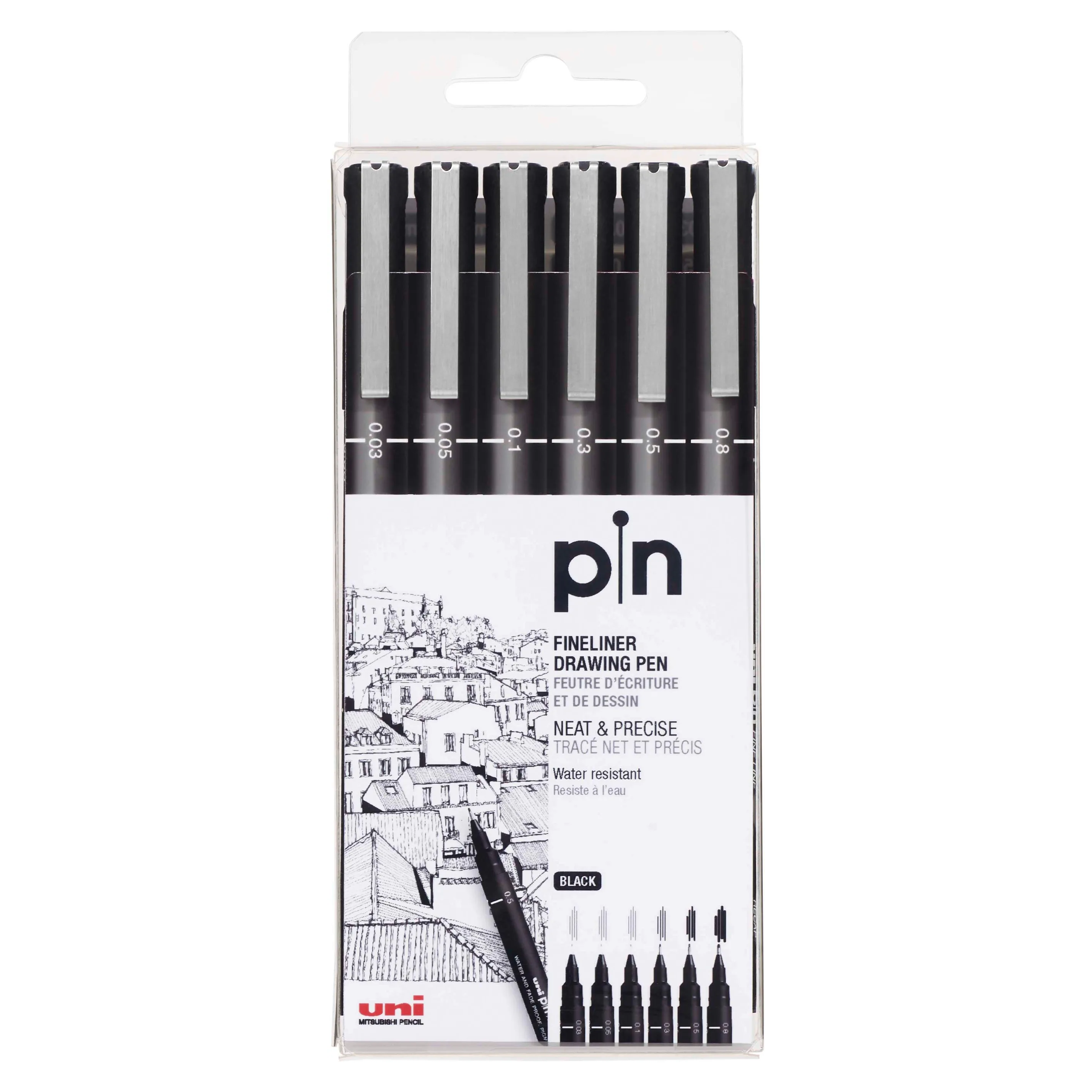 uni® Pin, Fineliner Black Drawing Pens, Assorted Tips, 6 Count
